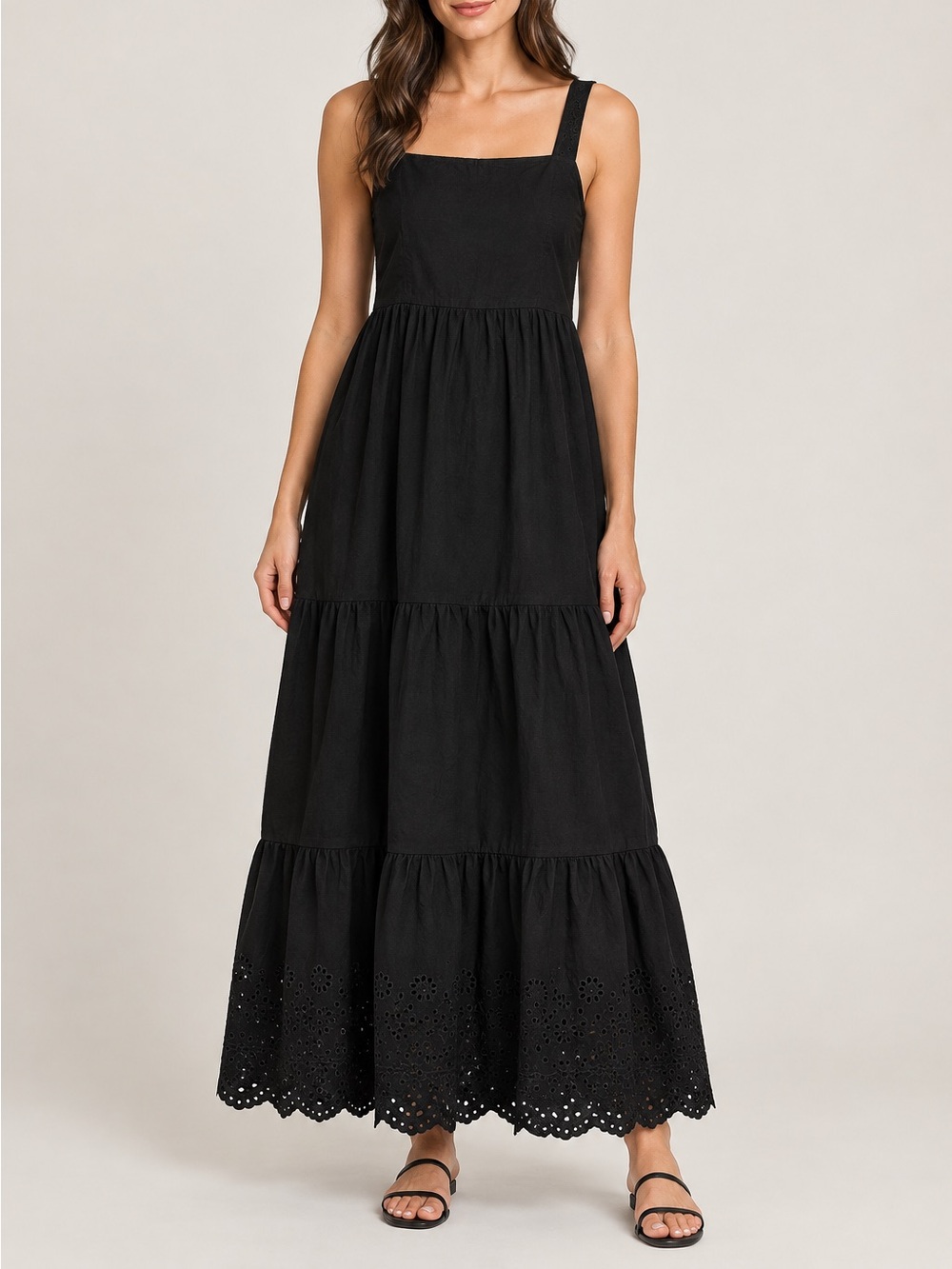 Linda Anderson Women’s Cotton Black Tiered Eyelet Hem Maxi Dress size Medium